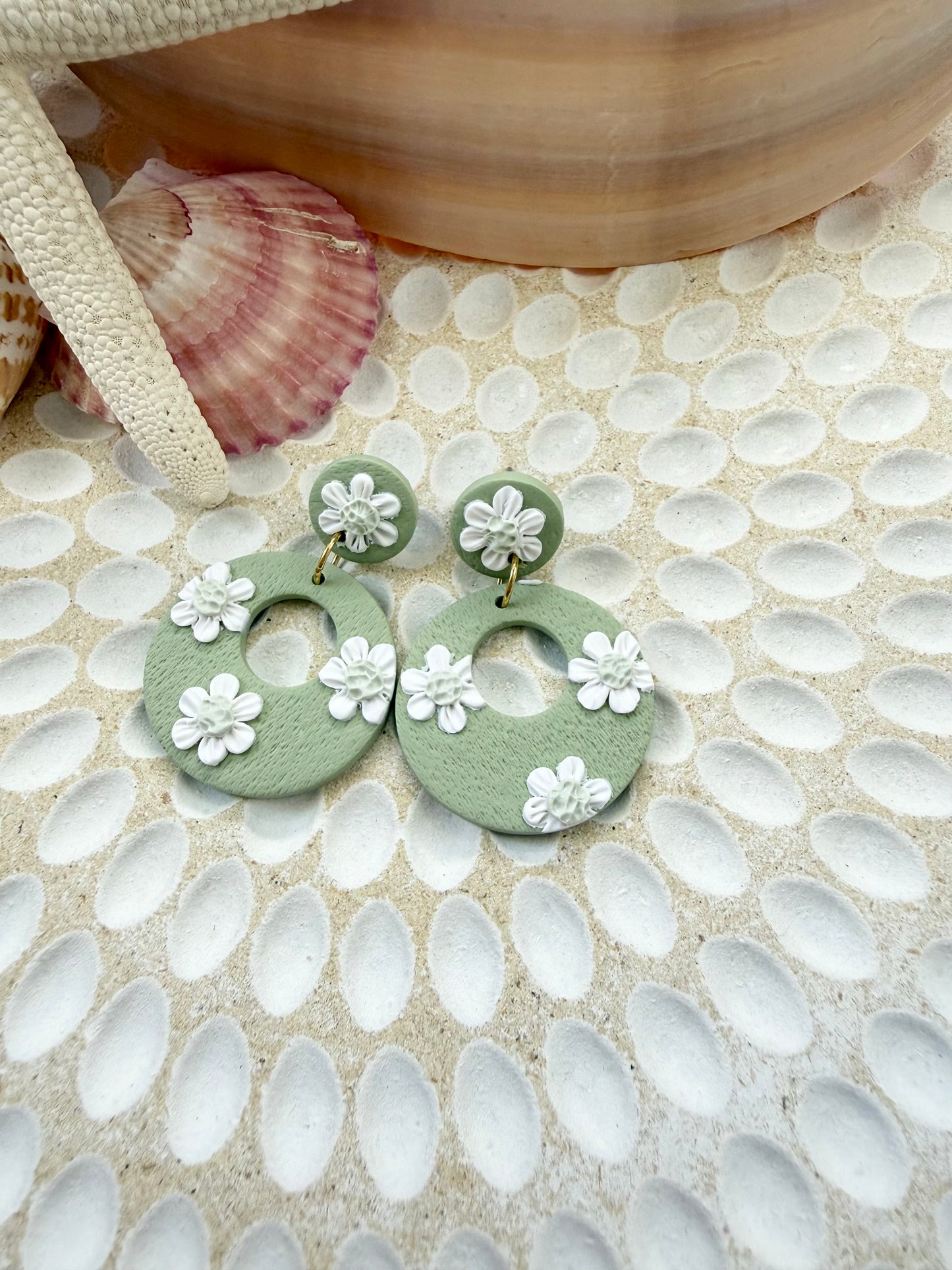 Round Sage Earrings featuring White flowers