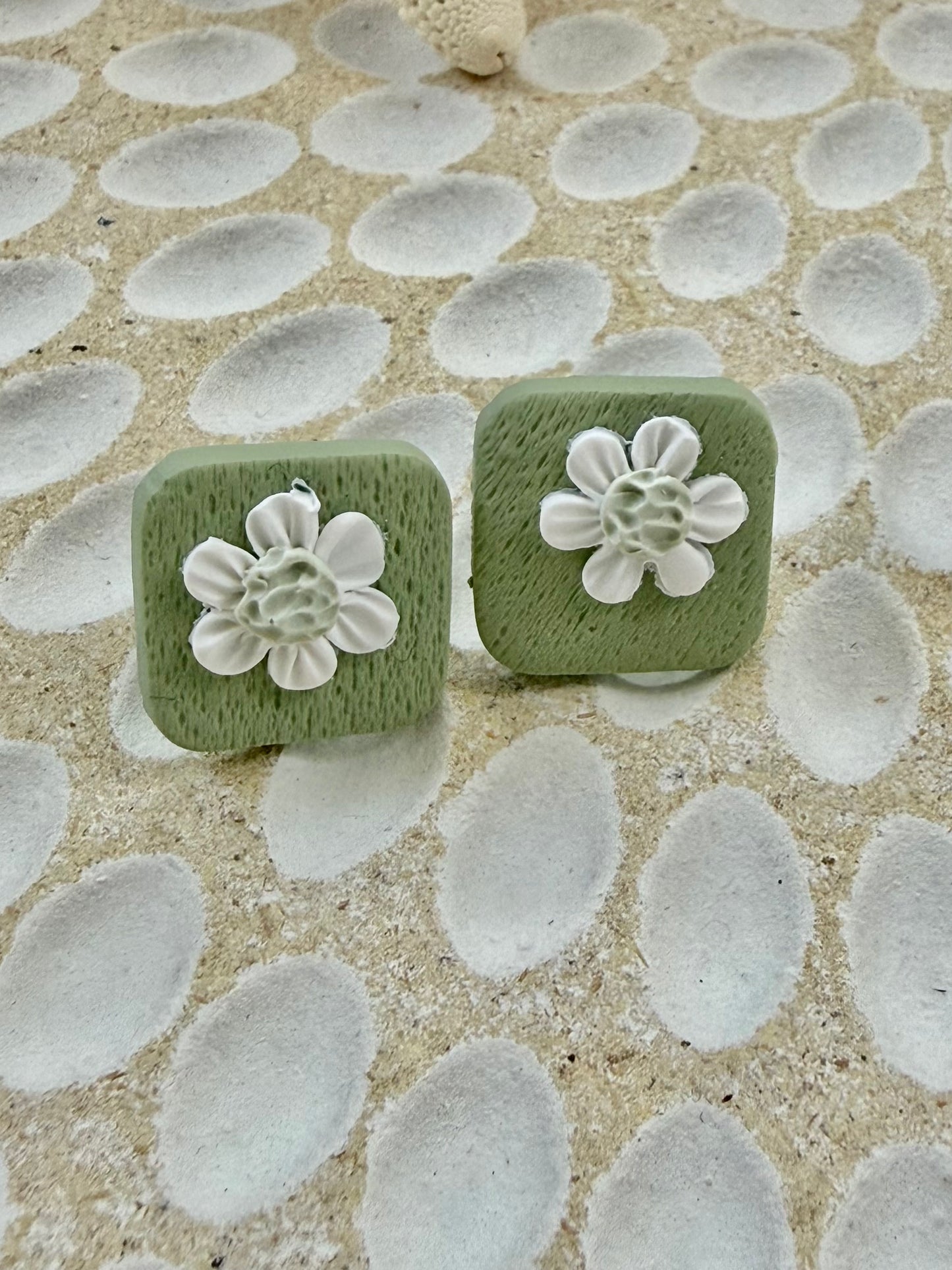 Sage and White Stud Earrings- Square