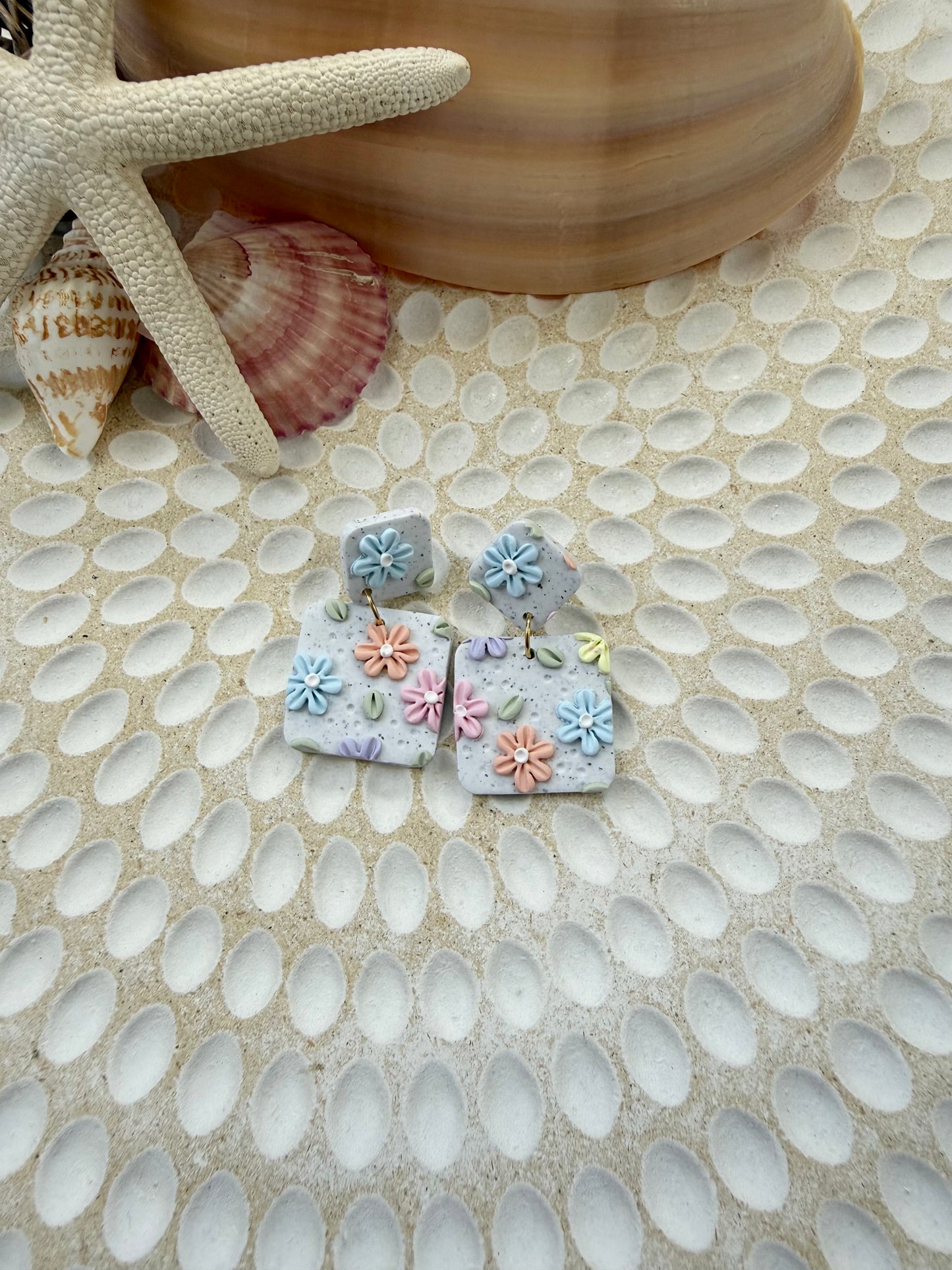 Pastel flowers on Light Granite Earrings - Square