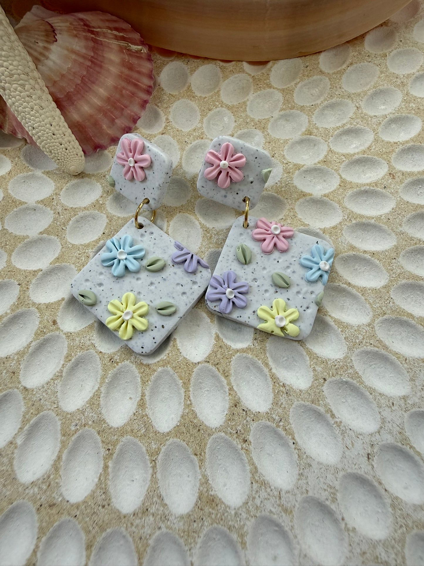 Pastel flowers on Light Granite Earrings