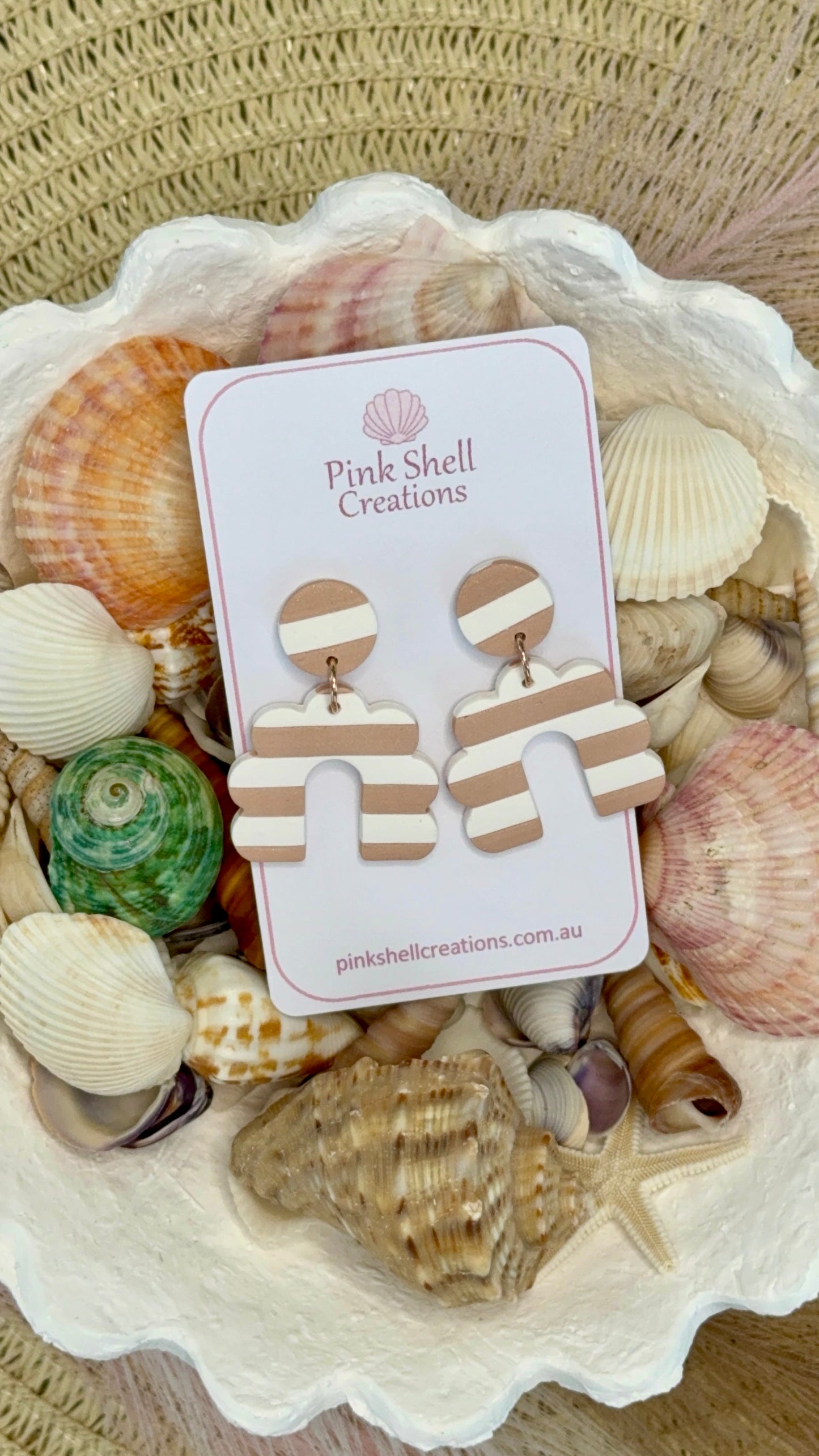 Stripe Beige and White Scallop Arch Earrings
