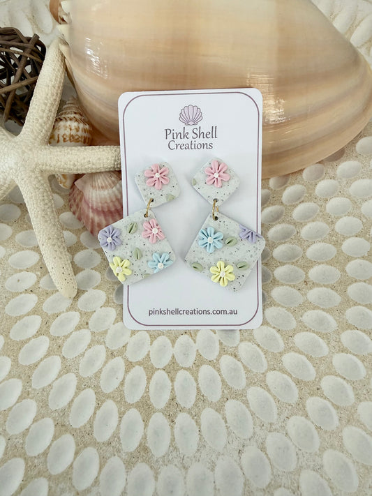 Pastel flowers on Light Granite Earrings