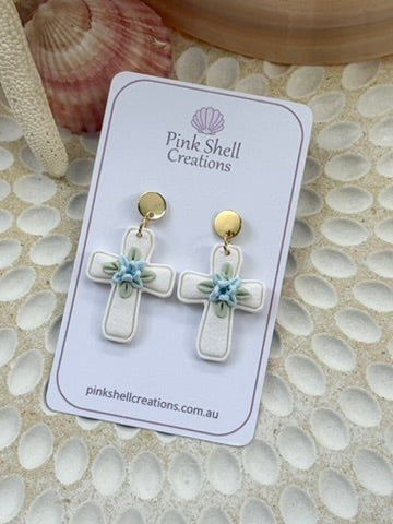 White Cross Earring with Flower Detail -Blue