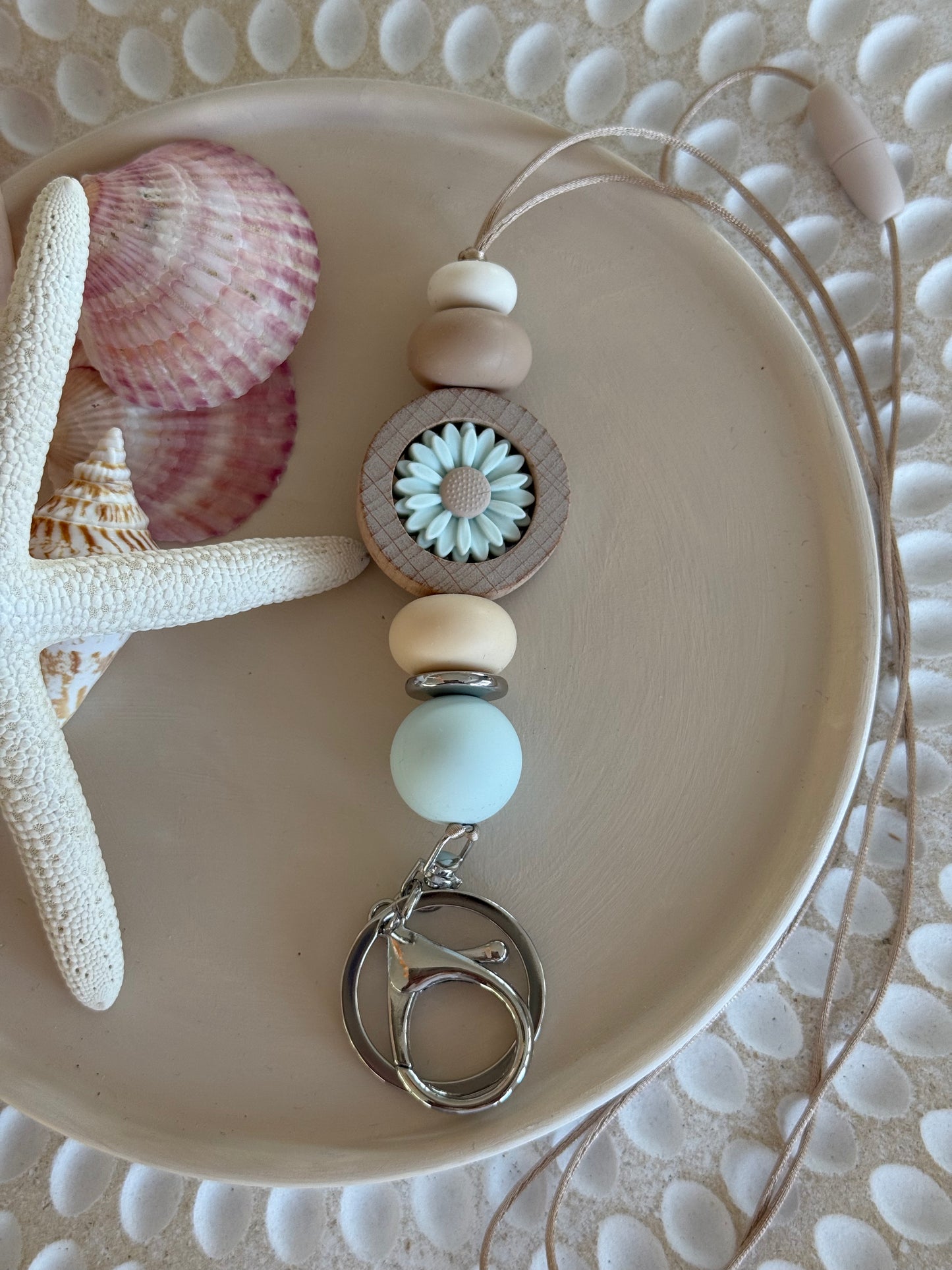 Light Blue and Brown Lanyard with Light Blue Daisy Feature