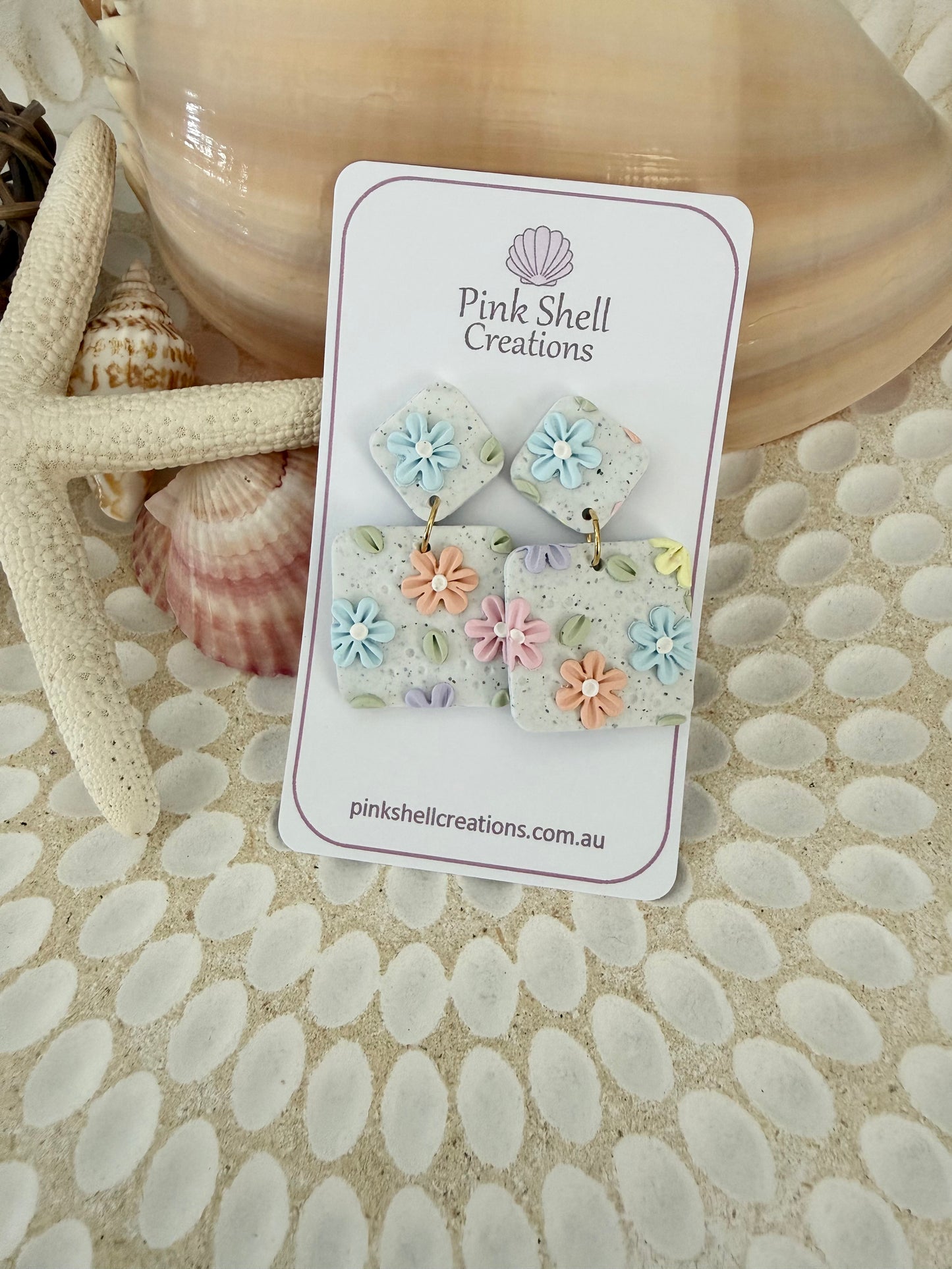 Pastel flowers on Light Granite Earrings - Square