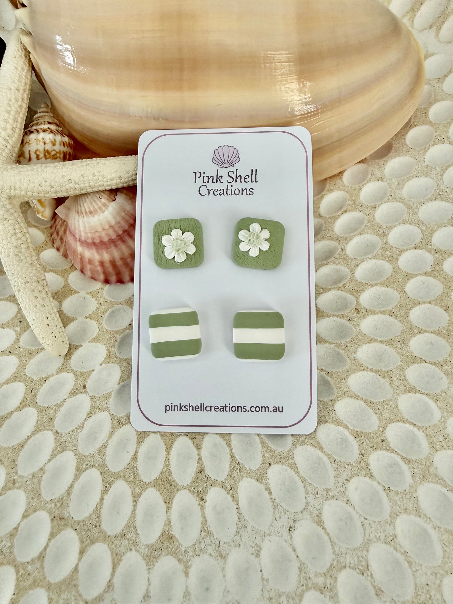 Sage and White Stud Earrings- Square