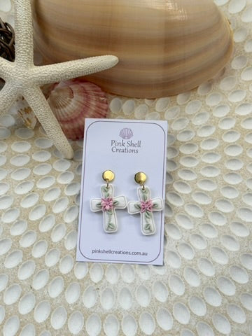 White Cross Earring with Flower Detail -Pink
