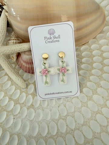 White Cross Earring with Flower Detail -Pink