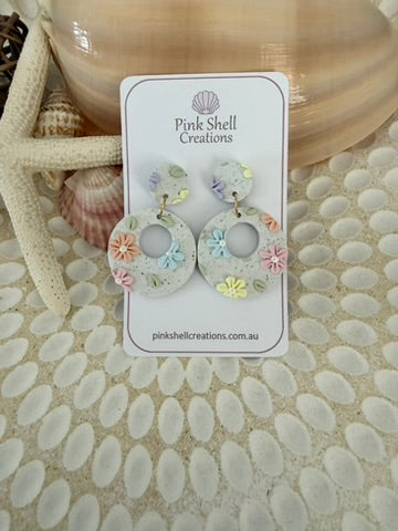 Pastel flowers on Light Granite Earrings - Circle