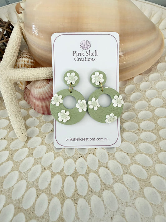 Round Sage Earrings featuring White flowers