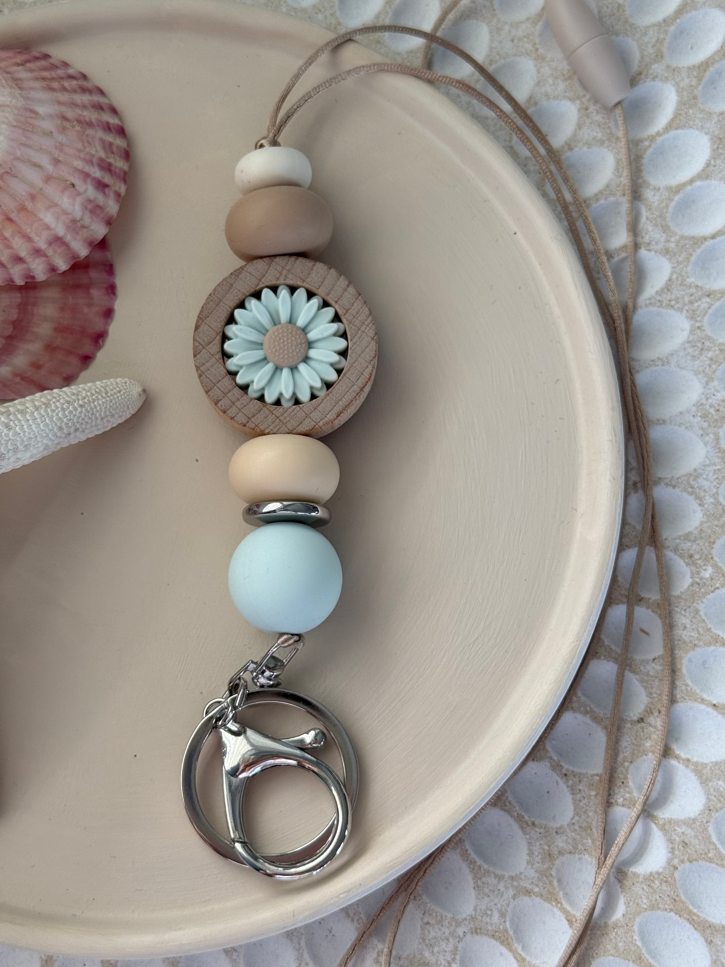 Light Blue and Brown Lanyard with Light Blue Daisy Feature