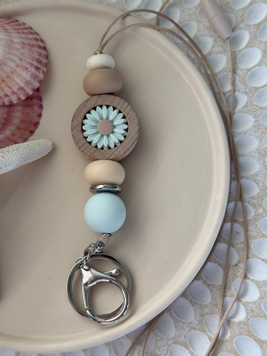Light Blue and Brown Lanyard with Light Blue Daisy Feature