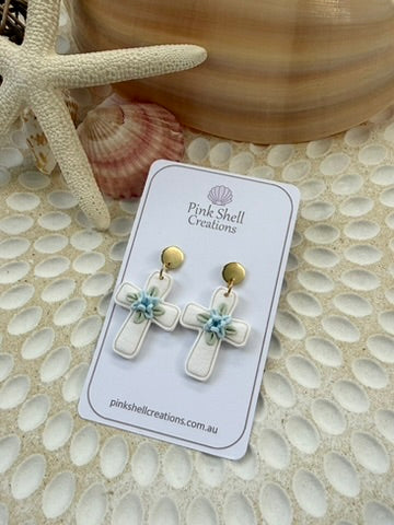 White Cross Earring with Flower Detail -Blue