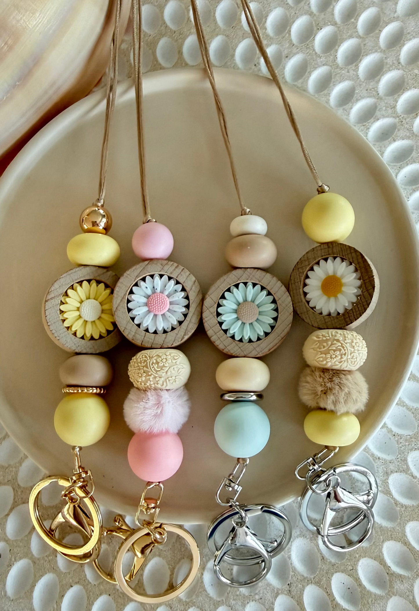 Light Blue and Brown Lanyard with Light Blue Daisy Feature
