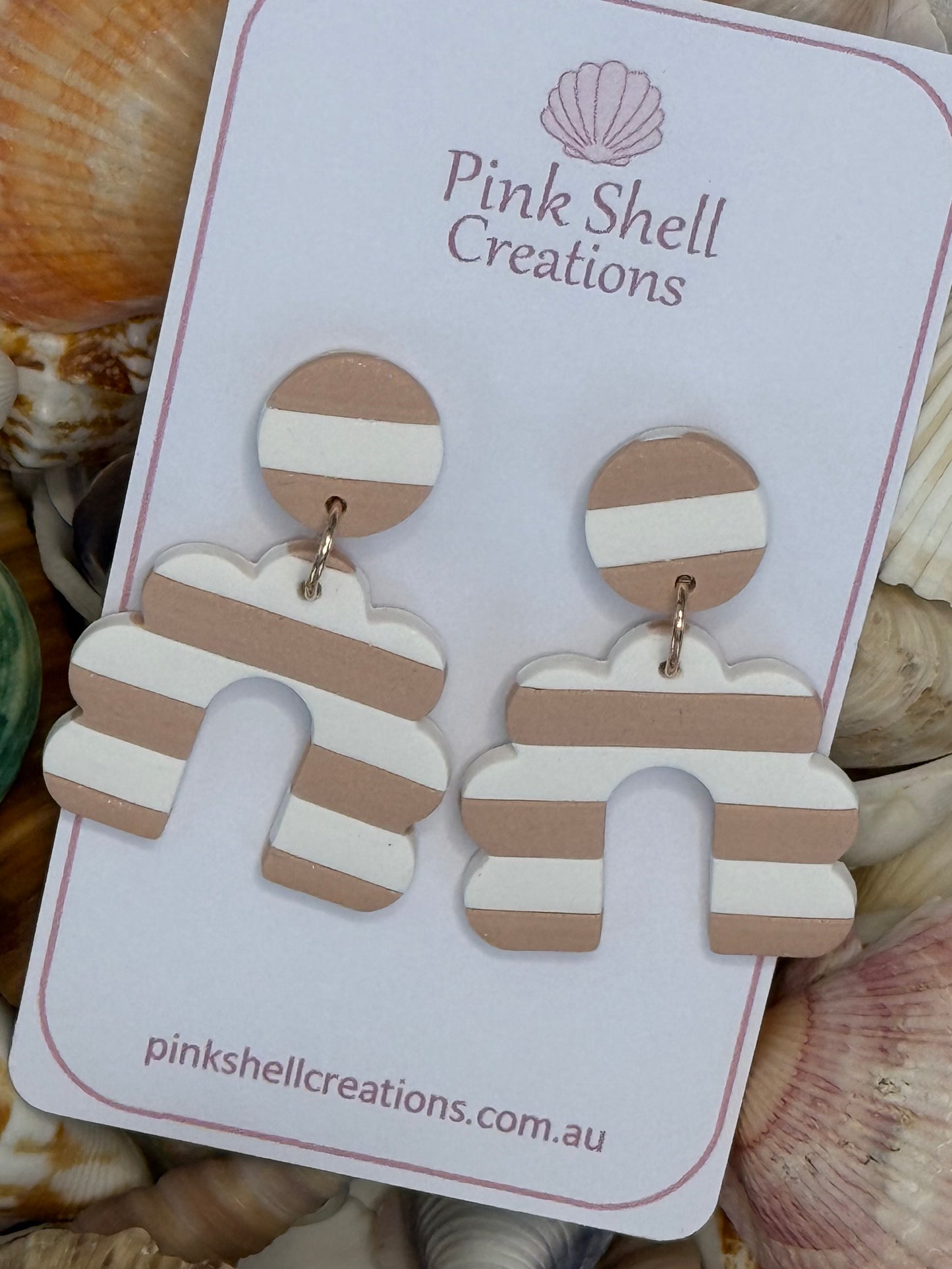 Stripe Beige and White Scallop Arch Earrings