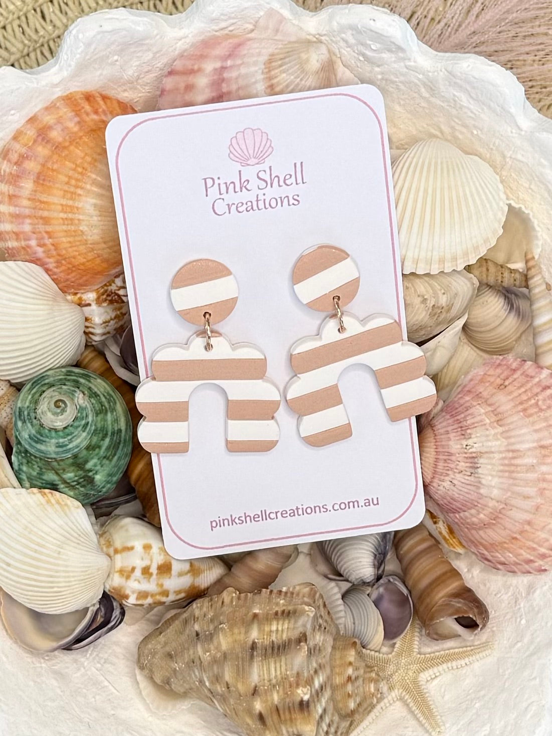 Stripe Beige and White Scallop Arch Earrings