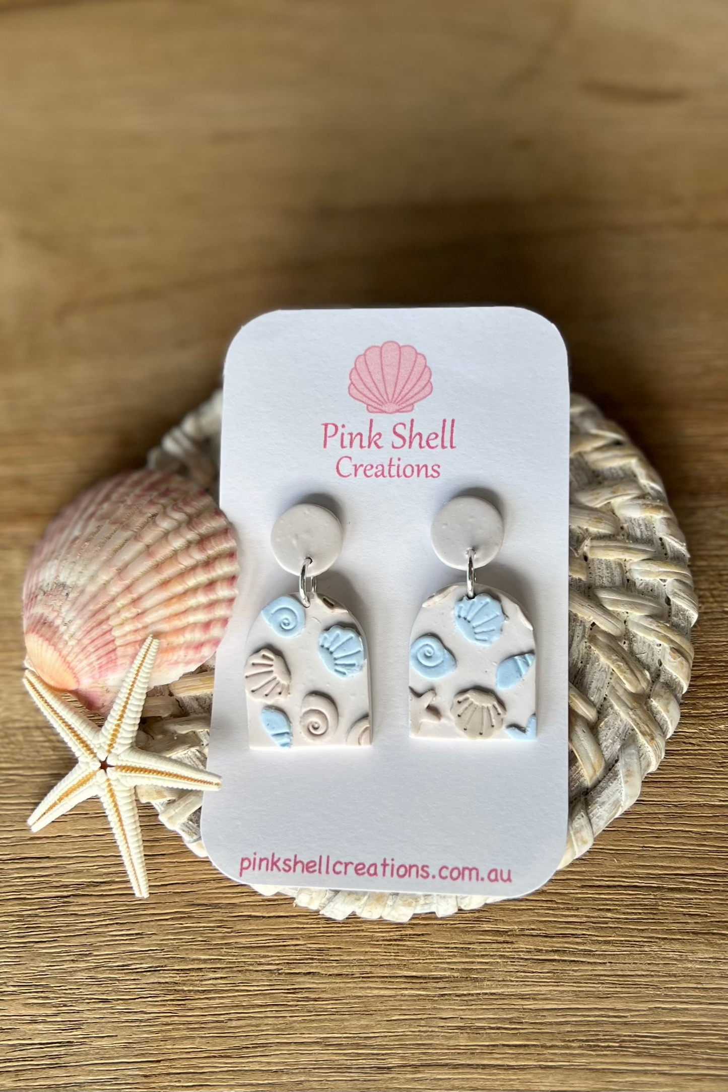 Blue and Sand Shell Dangle Earrings