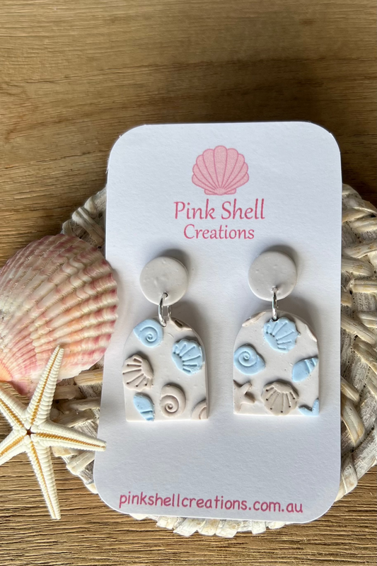 Blue and Sand Shell Dangle Earrings
