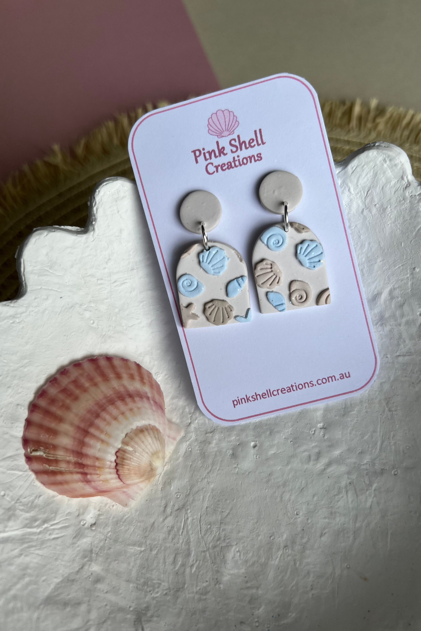 Blue and Sand Shell Dangle Earrings