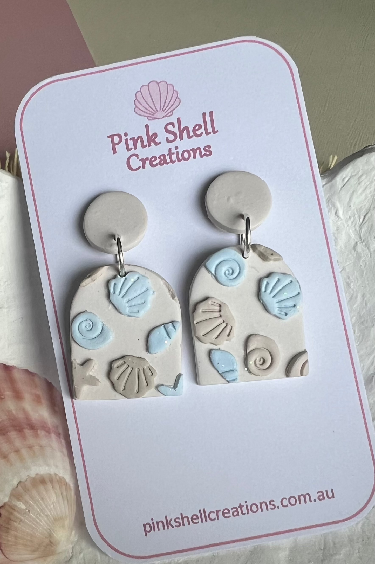 Blue and Sand Shell Dangle Earrings
