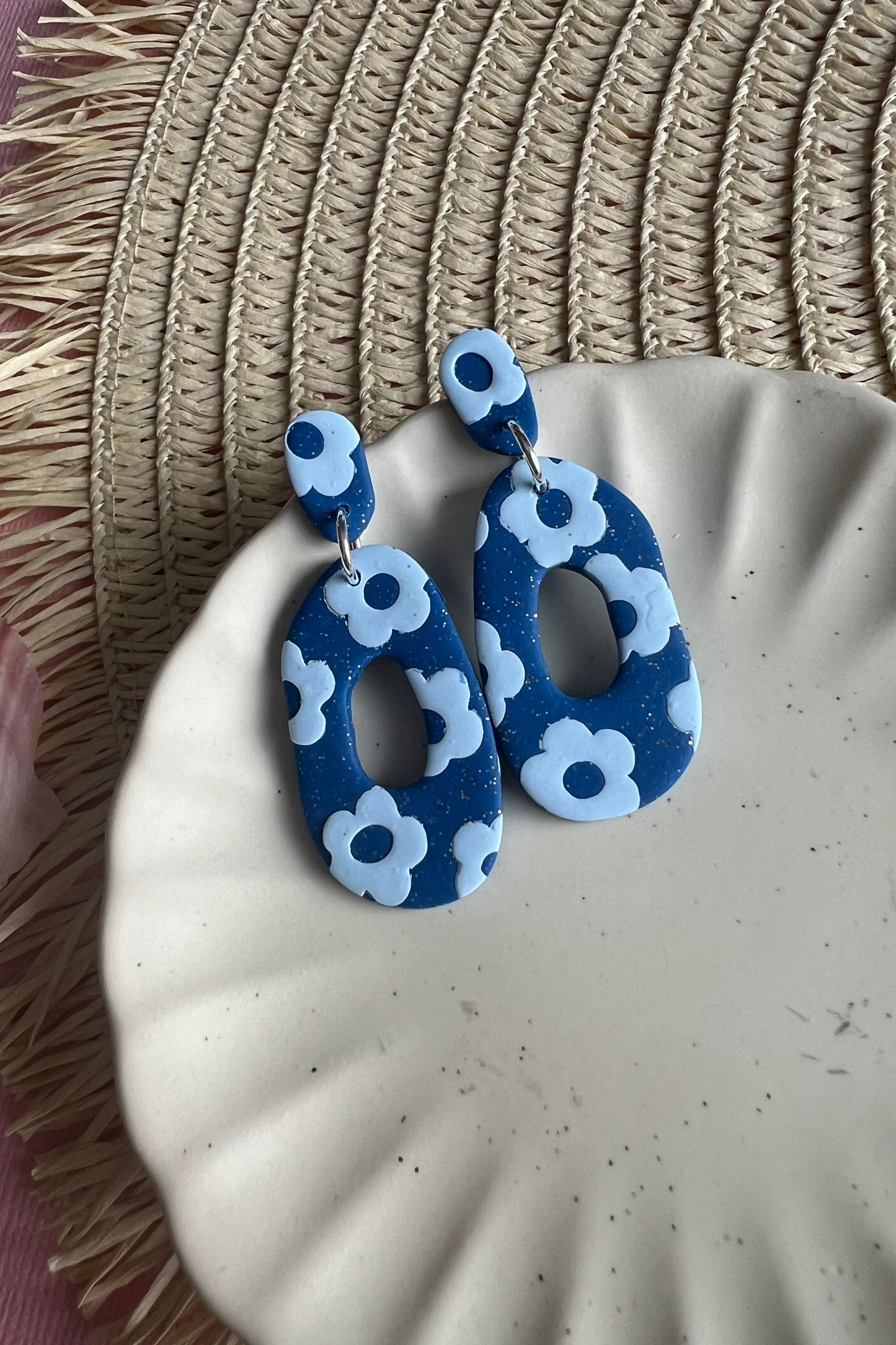 Two-toned Blue Flower Dangle Earrings