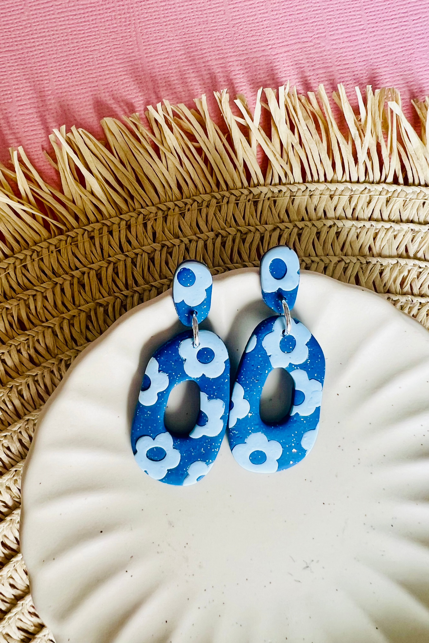 Two-toned Blue Flower Dangle Earrings